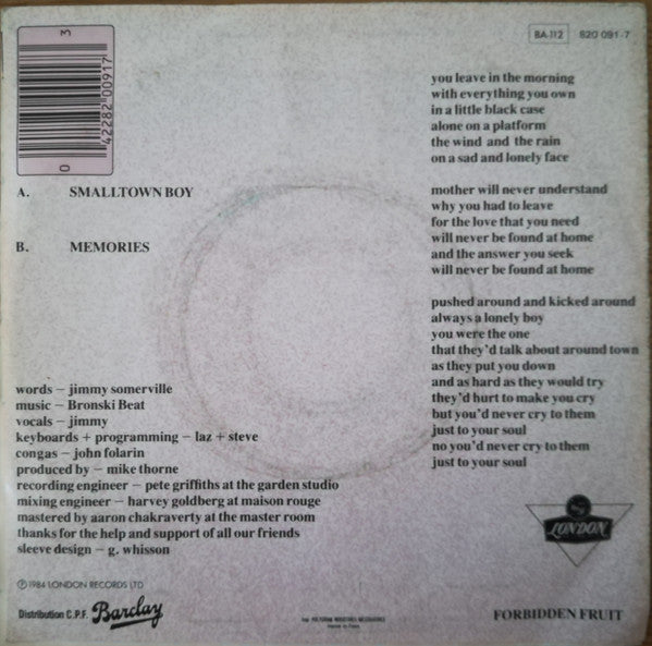 Bronski Beat : Smalltown Boy (7",45 RPM,Single,Stereo)