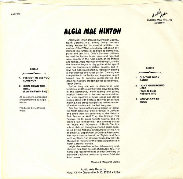 Algia Mae Hinton : Piedmont Folk Traditions (7", EP)