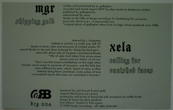 MGR / Xela : Shipping Gold / Calling For Vanished Faces (LP, Album, Ltd)