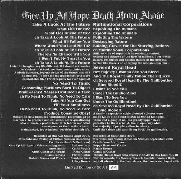 Give Up All Hope / Death From Above : Split Tour EP (7",33 ⅓ RPM,EP,Limited Edition,Numbered)