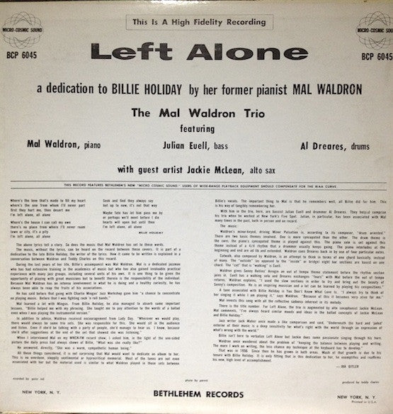 Mal Waldron : Left Alone (LP, Album, Mono, Styrene)