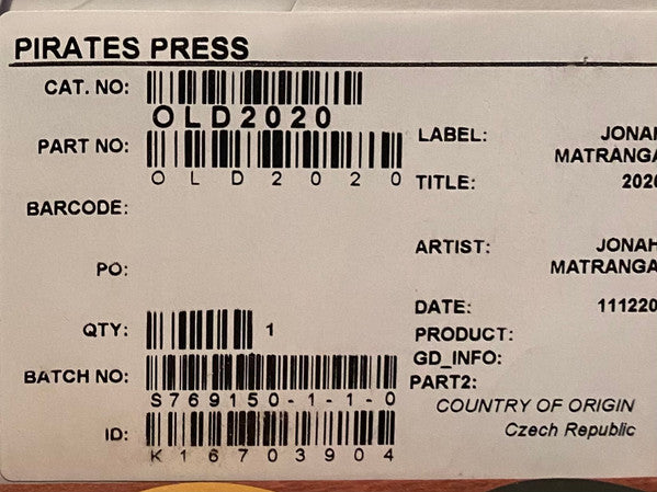 Jonah Matranga : 2020 (7",45 RPM,Test Pressing)