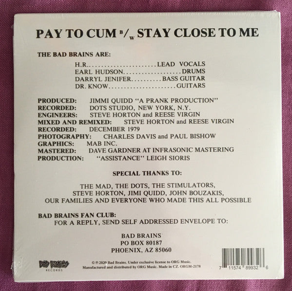 Bad Brains : Pay To Cum!  (7",Single,Reissue)