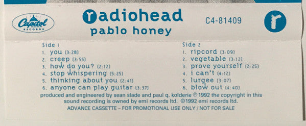 Radiohead : Pablo Honey (Cass, Advance, Album, Promo, Dol)