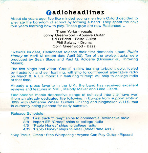 Radiohead : Pablo Honey (Cass, Advance, Album, Promo, Dol)