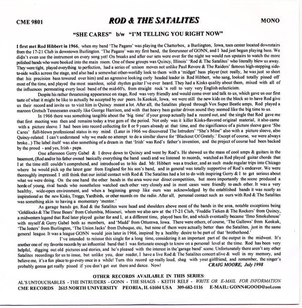 Rod & The Satalites : She Cares (7",45 RPM,Single,Reissue,Mono)
