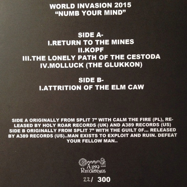 Full Of Hell : World Invasion 2015 "Numb Your Mind" (7",Compilation,Limited Edition,Numbered)