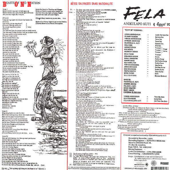 Fela Kuti & Egypt 80 : Beasts Of No Nation (LP,Album,Reissue)