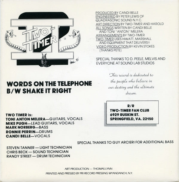 Two-Timer : Words On The Telephone / Shake It Right (7")