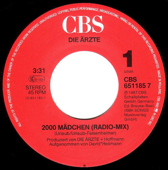 Die Ärzte : 2000 Mädchen (7", Single)